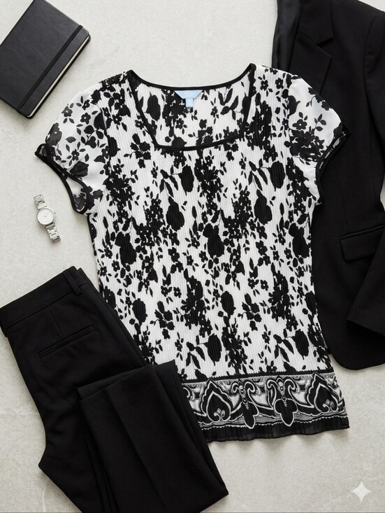 Denver Hayes Tops - Denver Hayes XL Floral Blouse Black White Short Sleeve Plissé Pleated Transition